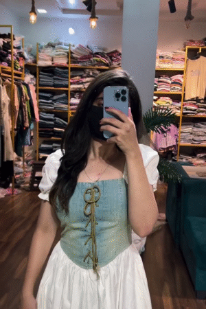 Chic Women’s Corset-Style Maxi Dresses — Featuring White Puff-Sleeve Top with Light Blue Denim Lace-Up Bodice and Flowing White Skirt for a Fresh Romantic Look