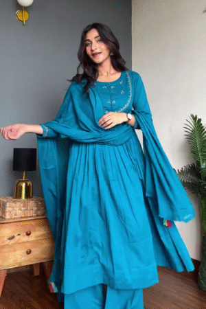 Embroidered Anarkali Kurta Sets in Navy Blue and Teal – Elegant Traditional Wear with Matching Dupatta and Trousers