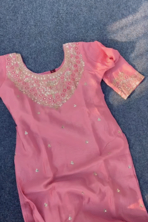 Embroidered Pink Kurta Set with Floral Sequins Design – Elegant Traditional Wear with Matching Bottom and Dupatta