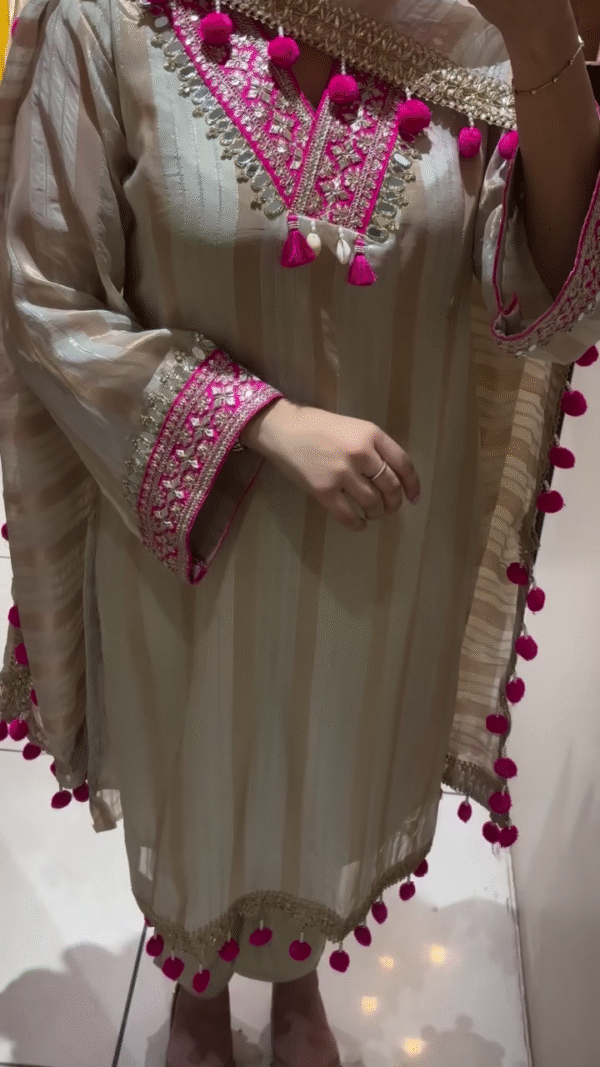 Embroidered Beige Kurta with Pink Pom Pom Tassels – Stylish and Traditional Ethnic Wear for Women - Image 2
